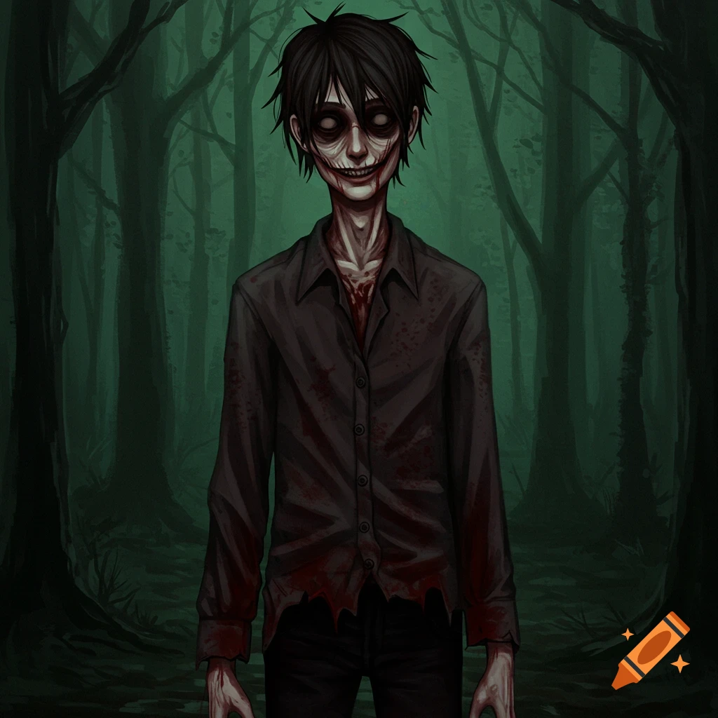 A creepy figure with a distorted face, wide smile, and blood-stained shirt stands in a dark forest.