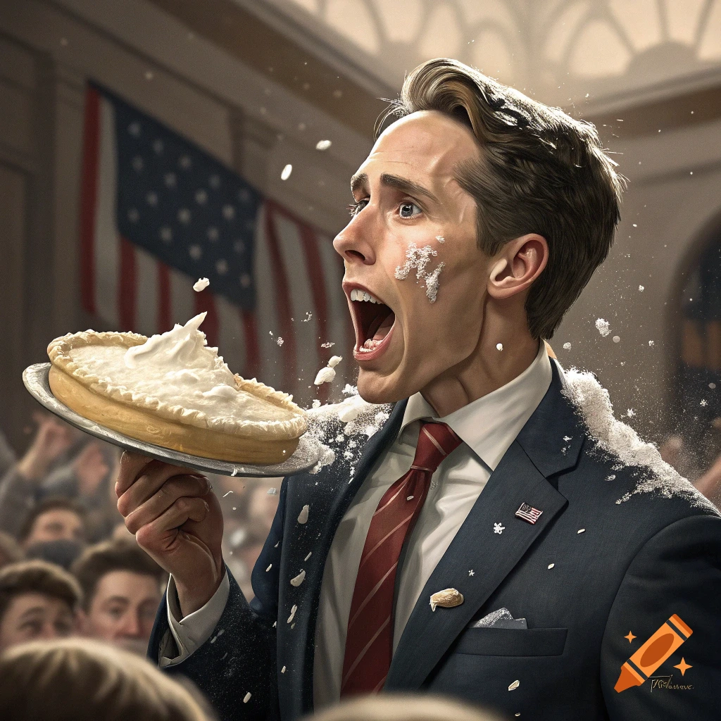 Photorealistic illustration of a man in a suit reacting in shock while being hit in the face with a pie in a crowded room.