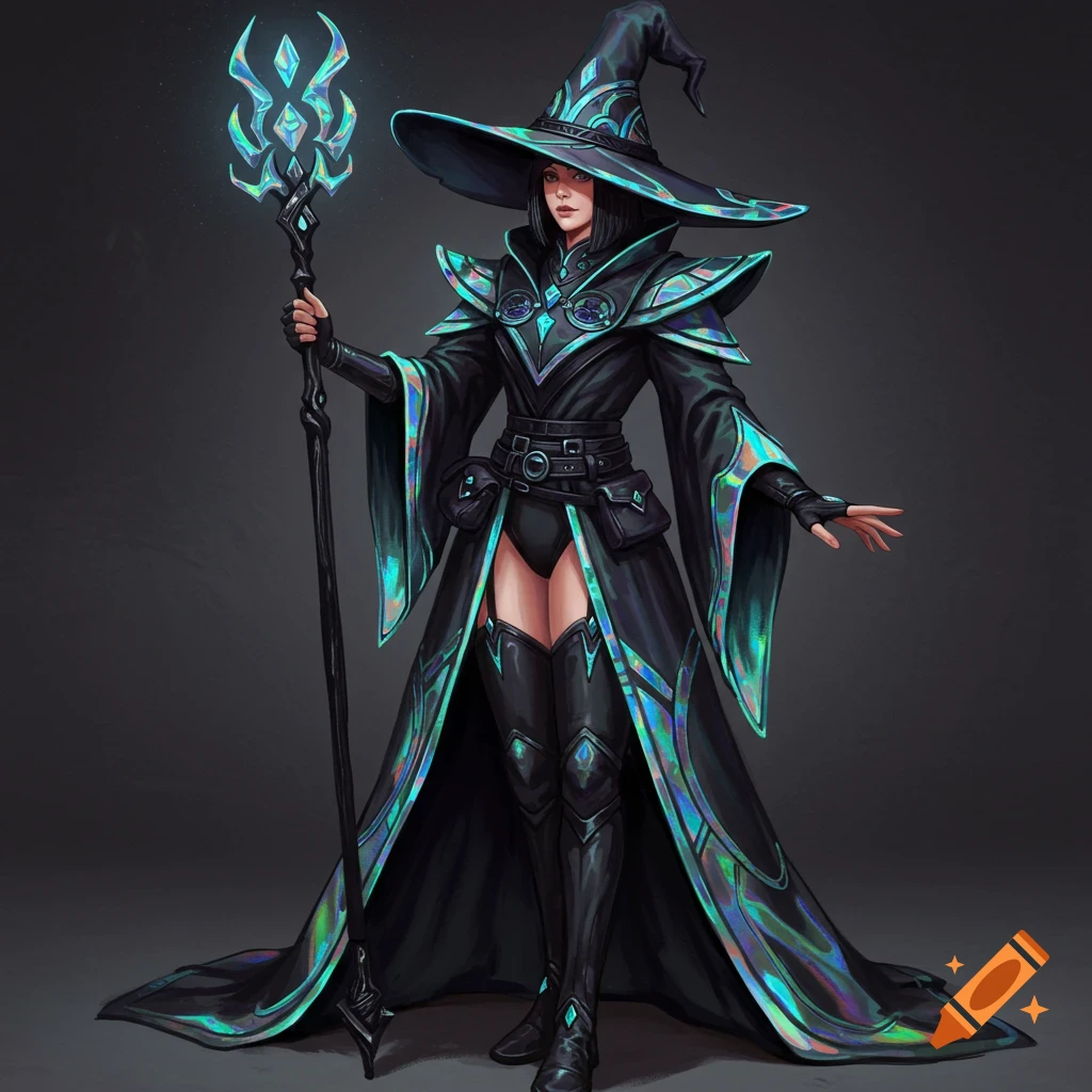 A female wizard in black and holographic robes holding a staff.