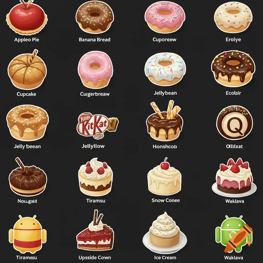 A grid of cartoon illustrations featuring desserts and Android characters, each with a label below.