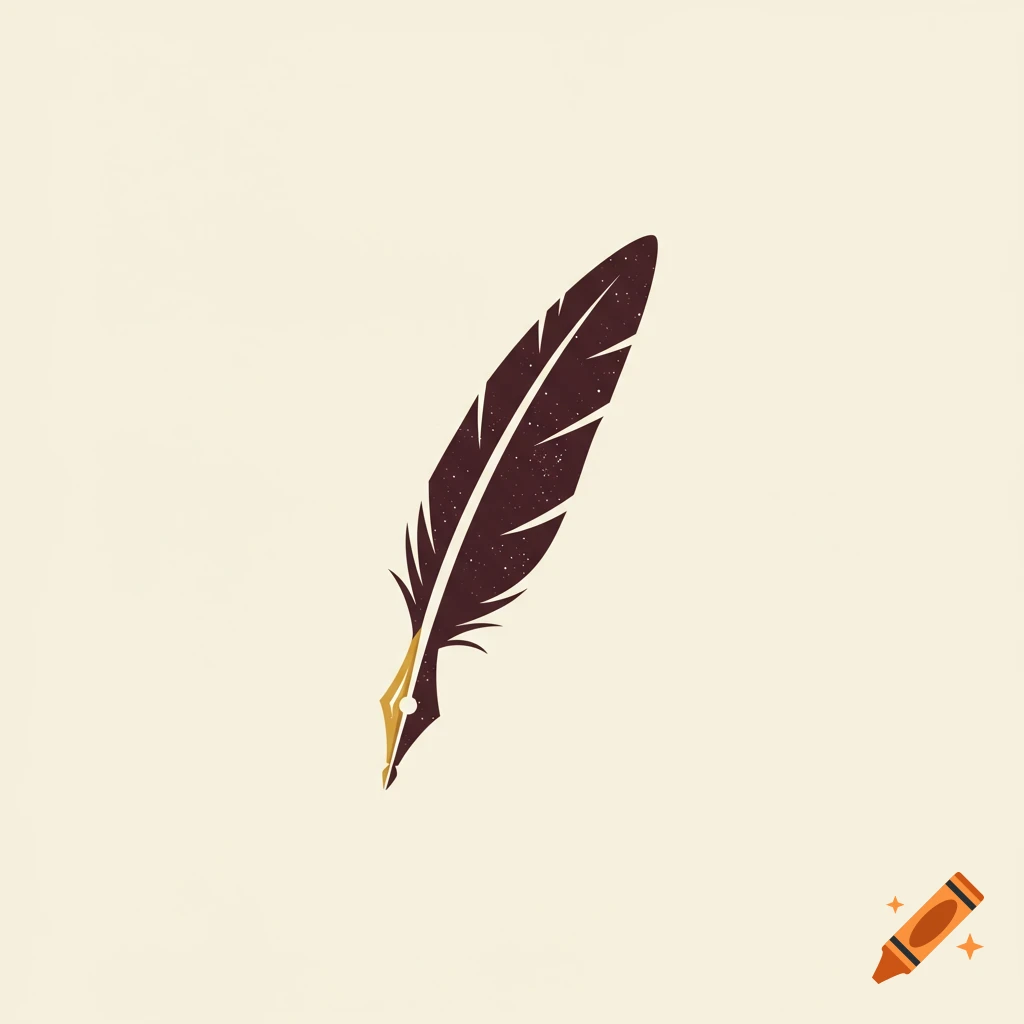 Stylized dark feather quill logo with a gold nib on a light background.