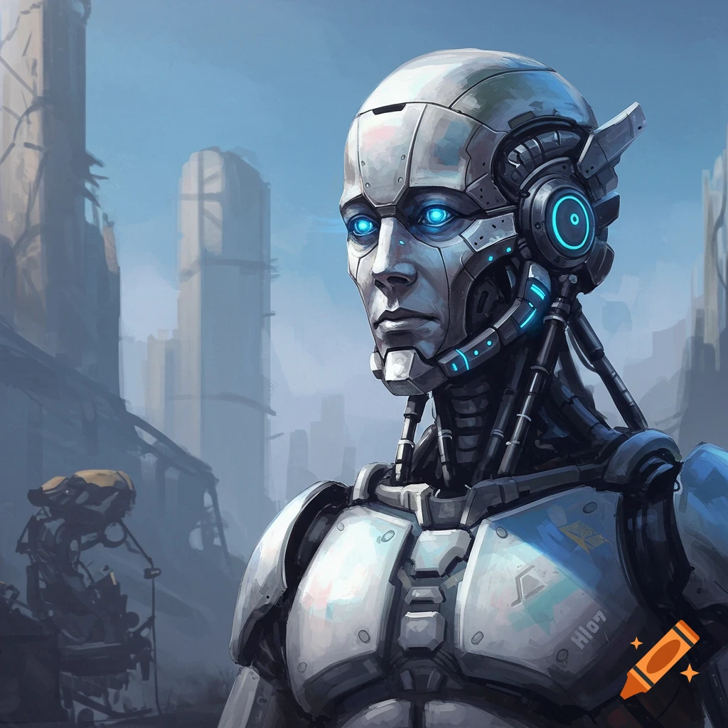 Close-up image of a metallic robot with glowing blue eyes in a ruined city landscape.