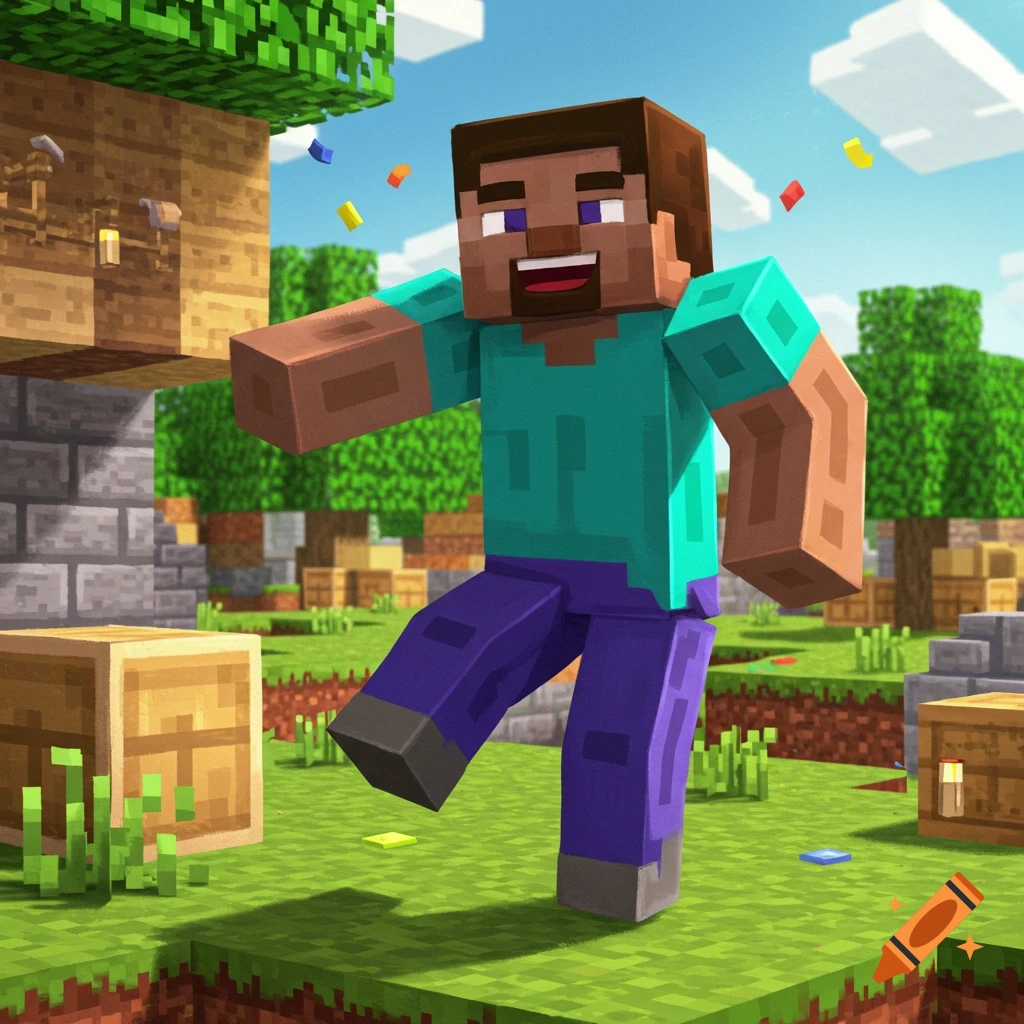 Steve from Minecraft dancing in a blocky world with confetti.
