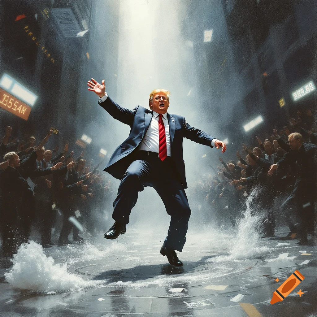Donald Trump jumps/falls dramatically in a street scene with a crowd watching and water splashing.
