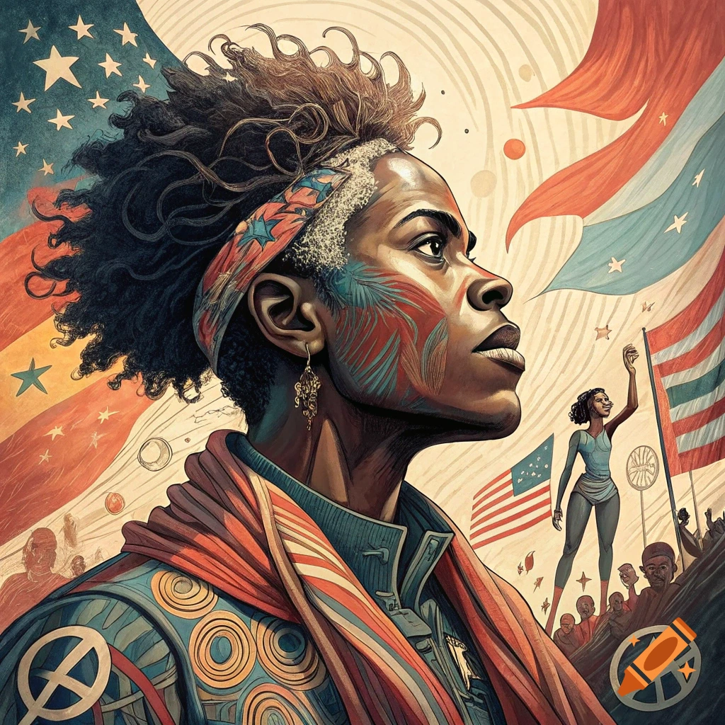 Illustration of a woman with face paint and a bandana against flags and abstract figures, inspired by Wadsworth Jarrell.