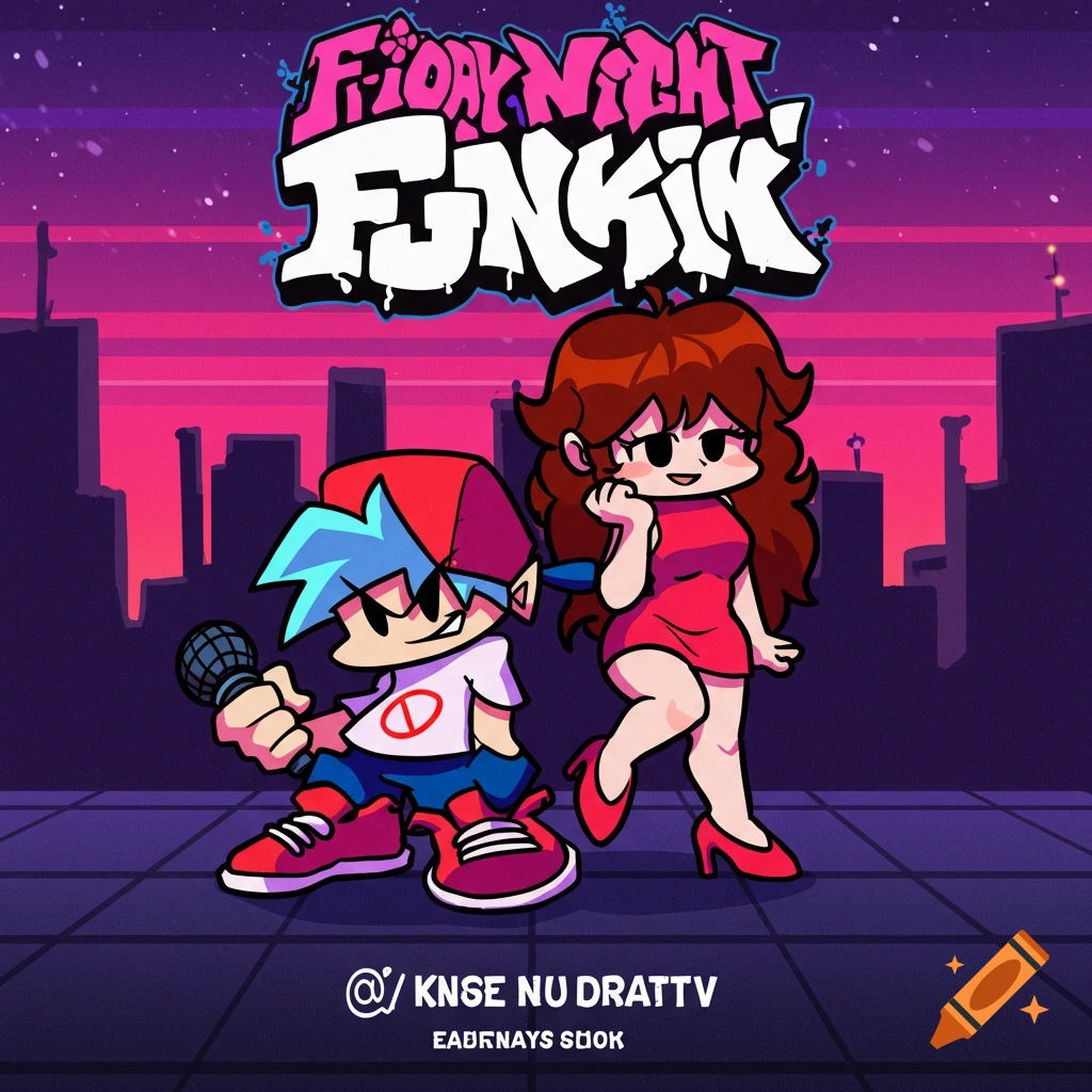 Cartoon characters from Friday Night Funkin' stand on a street at night under the game's logo.