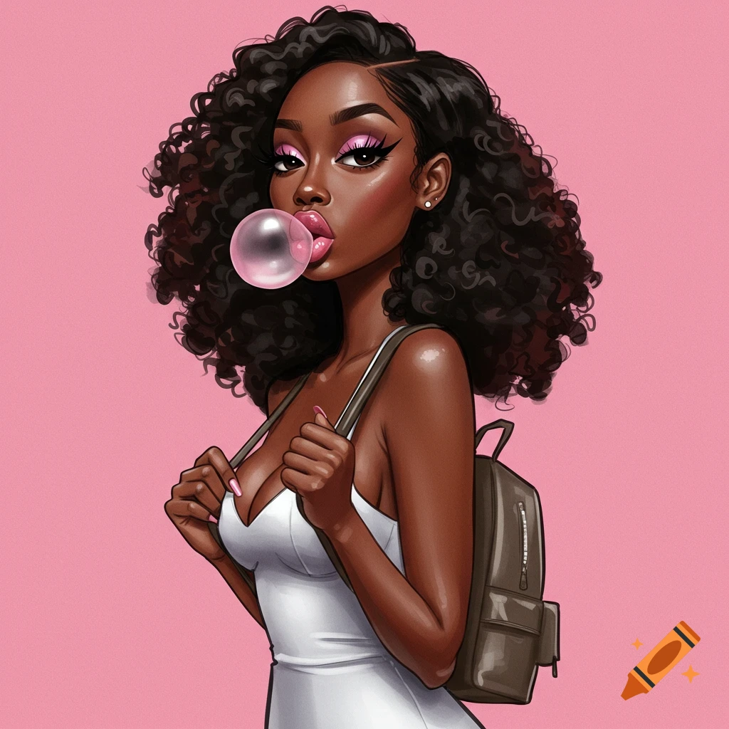 Stylized illustration of a Black woman blowing a bubble gum bubble, wearing a white dress and backpack against pink.