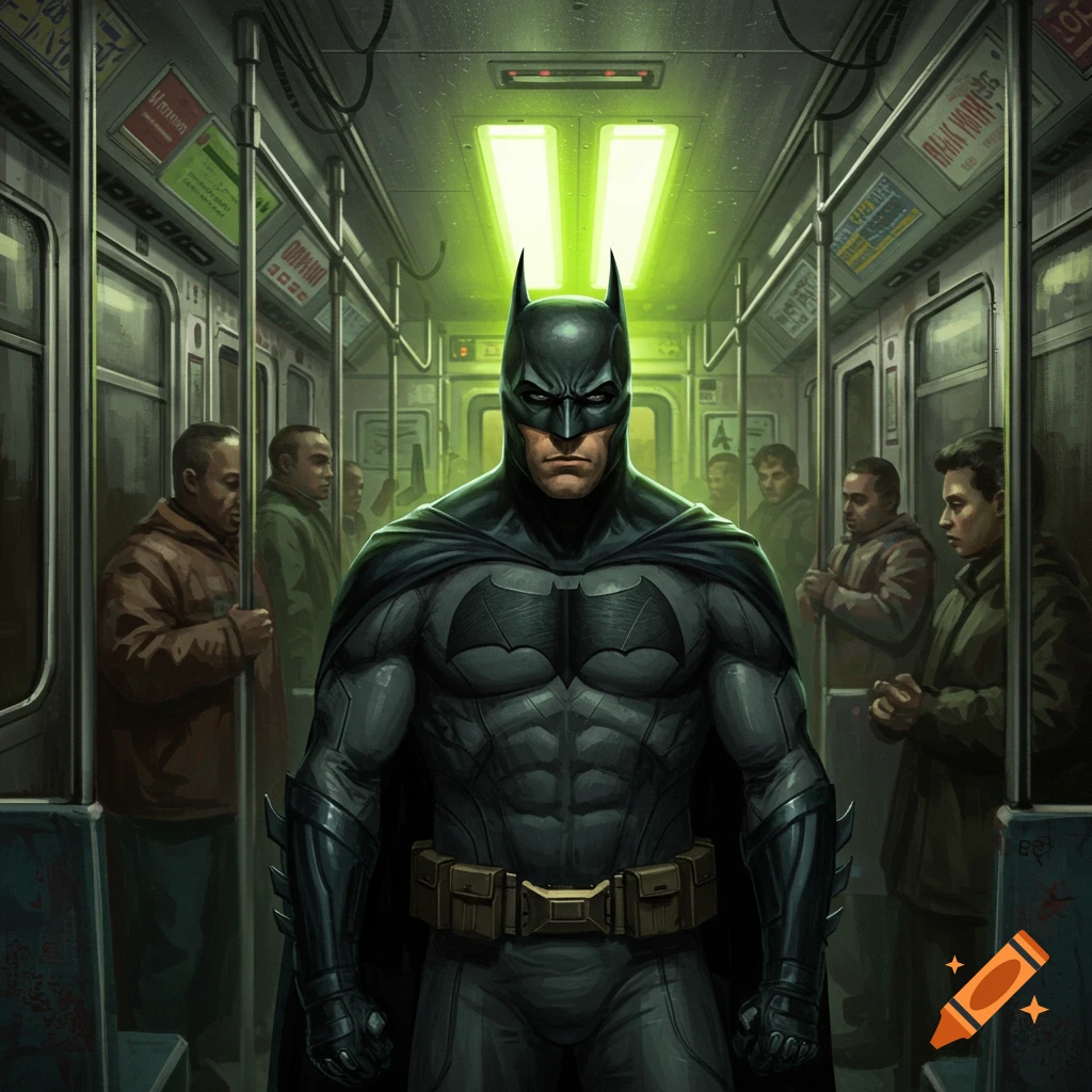 Batman stands in a subway car under glowing green lights, surrounded by other passengers.
