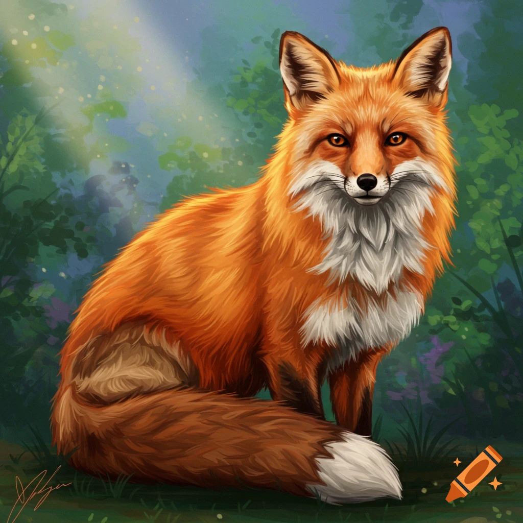 A red fox sitting in a forest clearing.