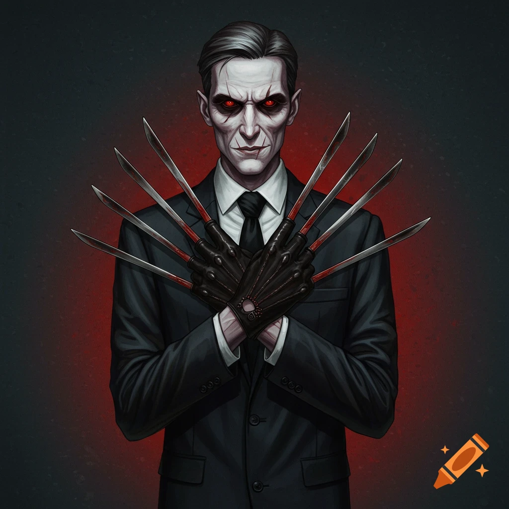 Digital illustration of a gaunt man in a suit and bladed gloves covered in blood, with red eyes.