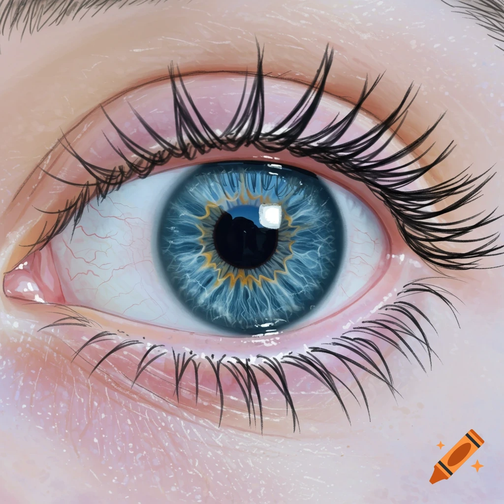 Detailed close-up illustration of a blue human eye with long eyelashes.