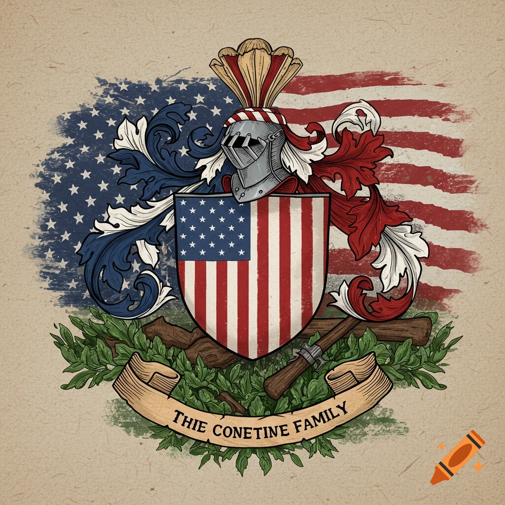 A family crest illustration featuring the US flag, a shield, helmet, rifles, and a banner.