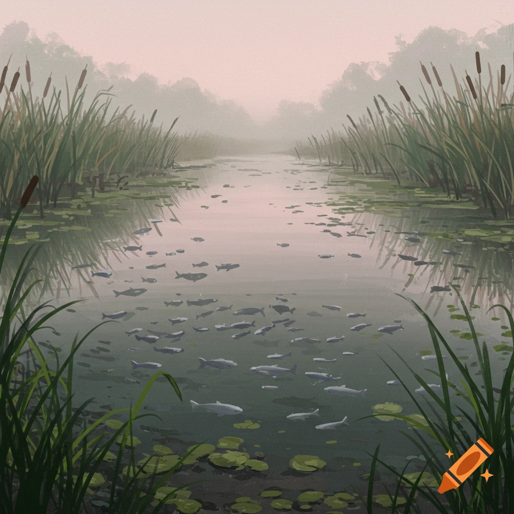 Illustration of a murky marsh with many small fish swimming in the water, surrounded by tall grass and cattails.