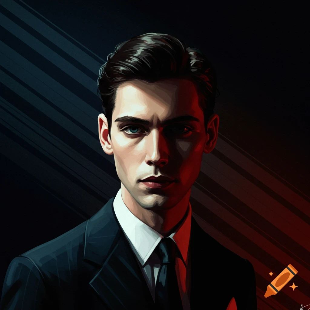 Stylized portrait of a man in a suit with dramatic red and blue lighting