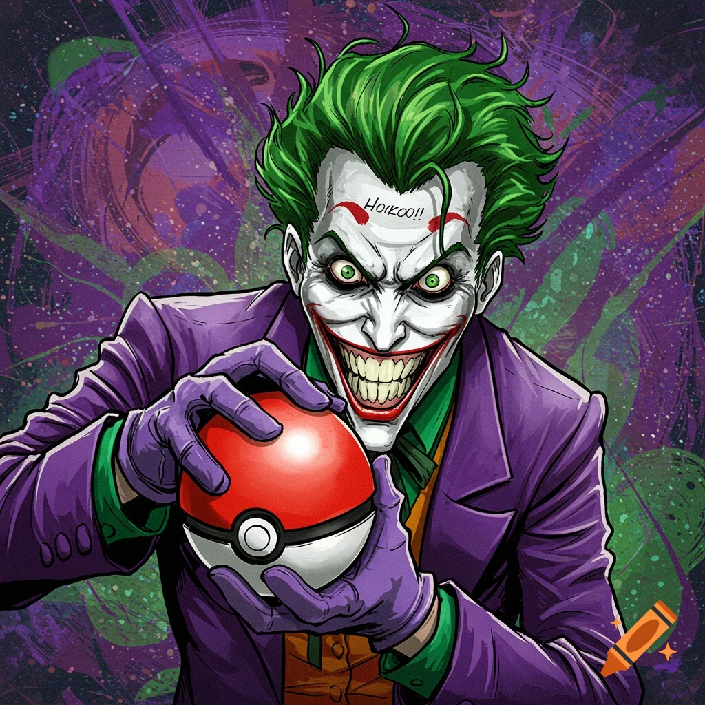 Comic book style illustration of the Joker holding a Pokeball.