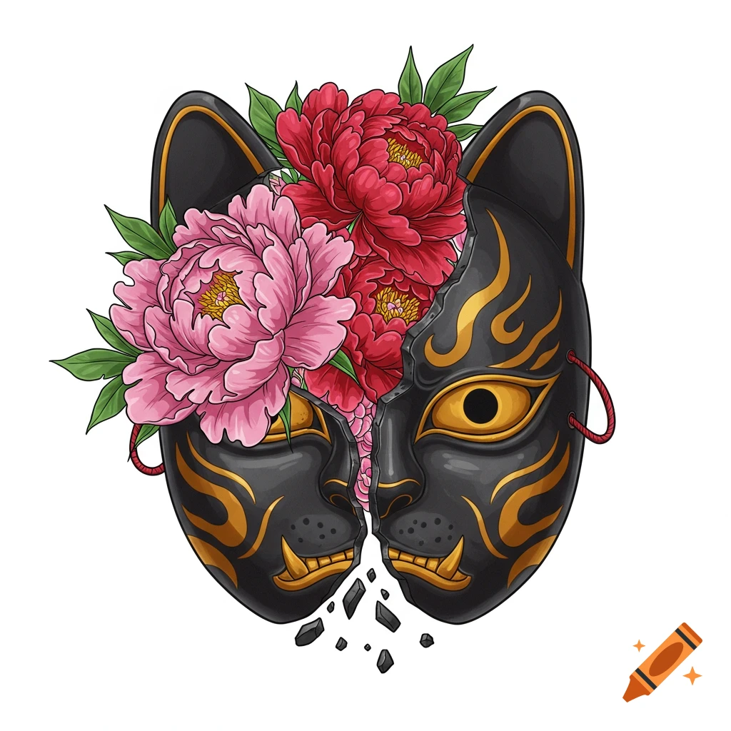 A broken black Japanese cat mask with golden markings, with pink and red peonies growing from the break.