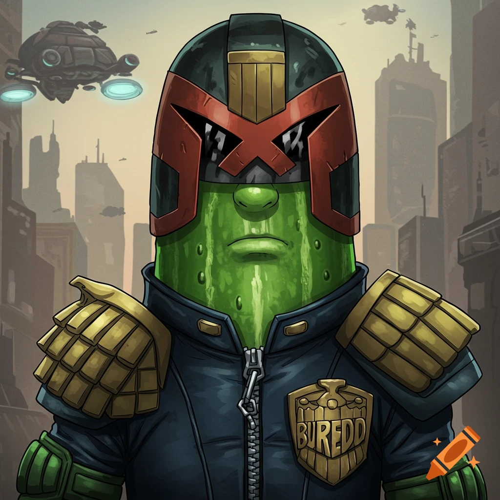 Cartoon cucumber dressed as Judge Dredd standing in a city.