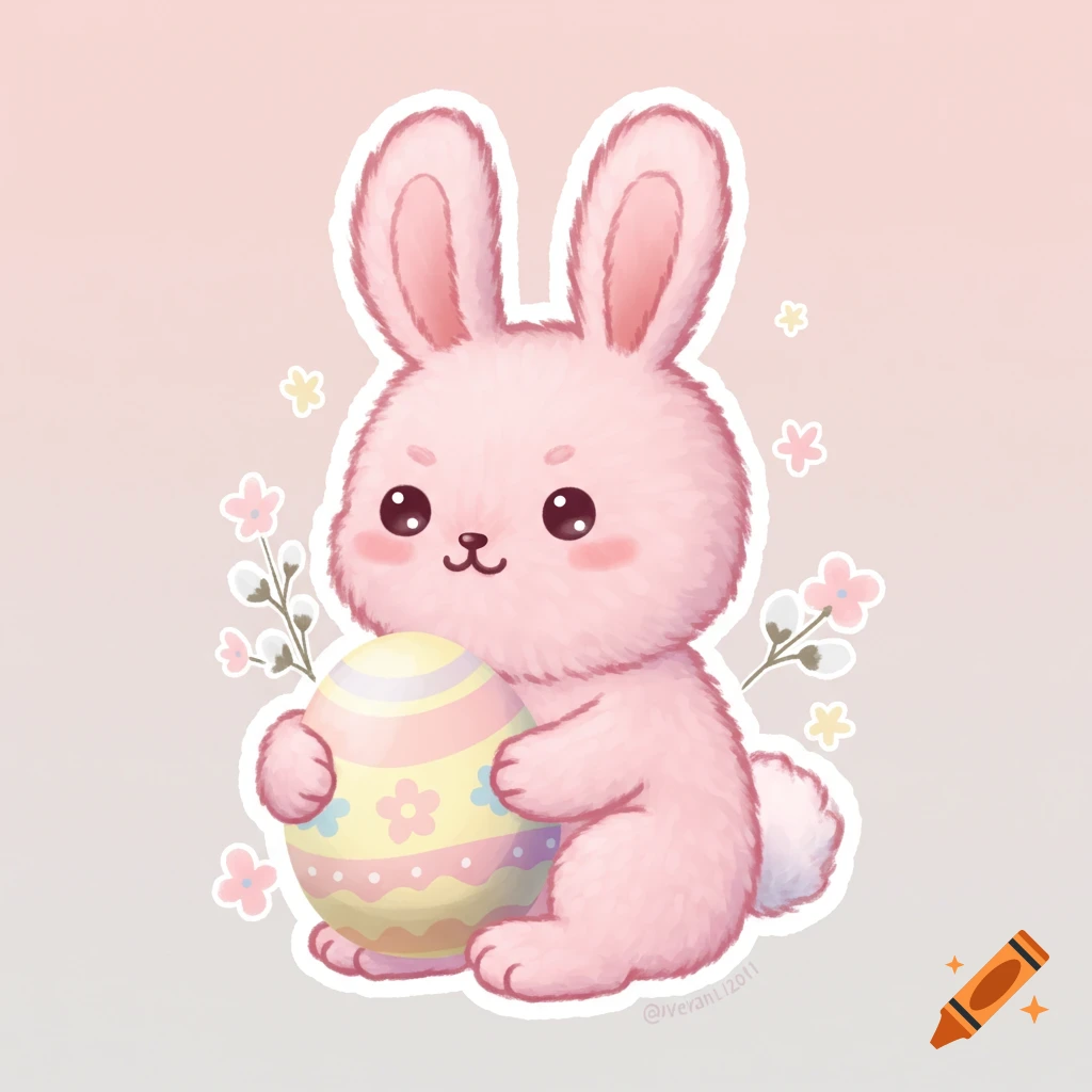 Cute pink bunny holding a decorated Easter egg illustration.