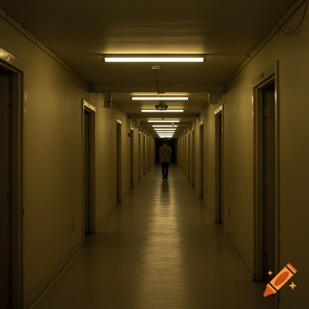 A person walks down a long, empty, dimly lit hallway with fluorescent lights.