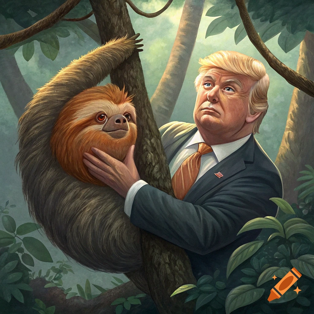 Illustration of Donald Trump holding a sloth in a jungle.