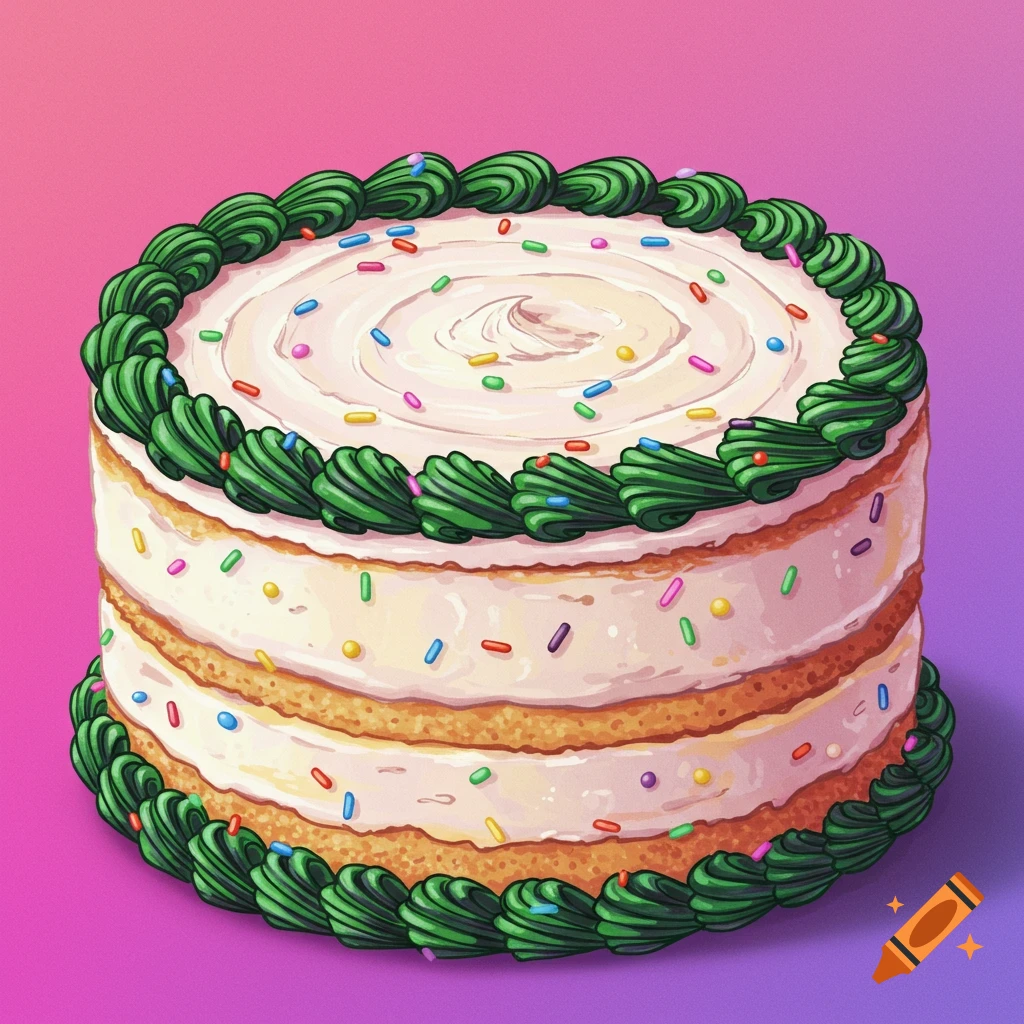 Illustration of a birthday cake with white frosting, green piping, sprinkles, and a pink and purple gradient background.