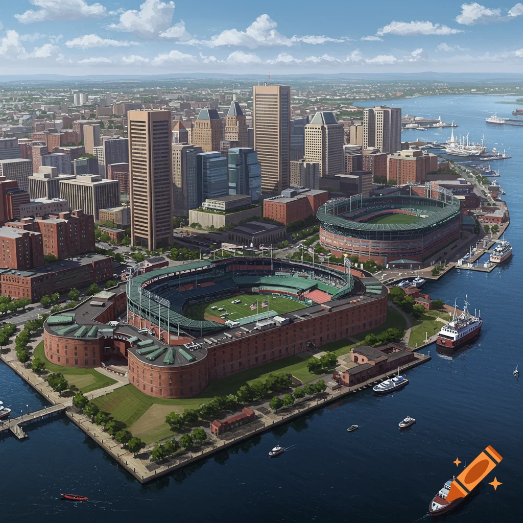 Aerial view of a futuristic cityscape featuring skyscrapers, a stadium, and a harbor.