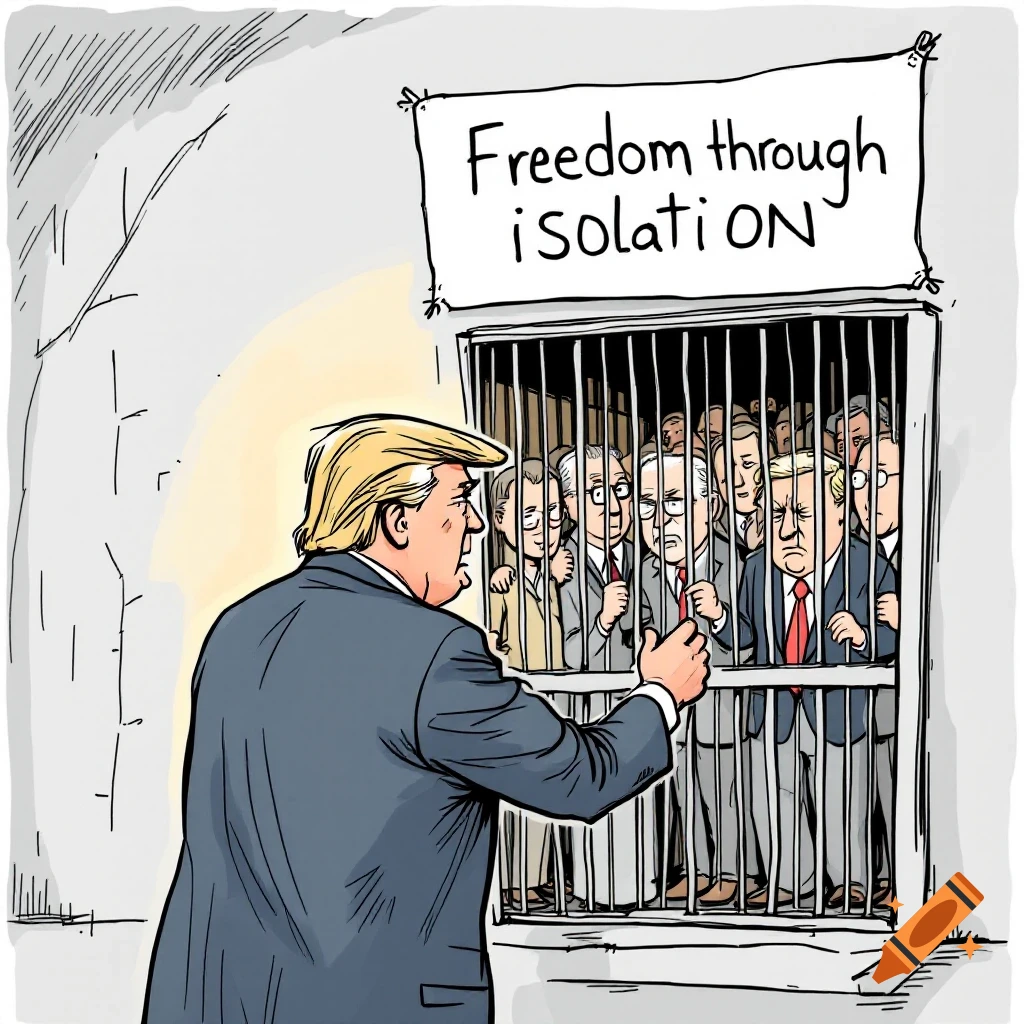 Isolation Politics Political cartoon line drawing: Donald Trump opens a container for men ...