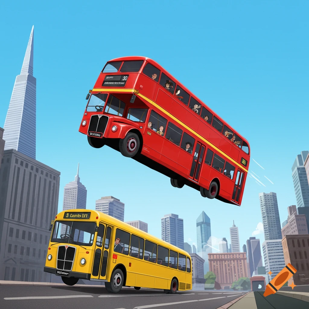 Illustration of a red double-decker bus leapfrogging over a yellow bus in a city.