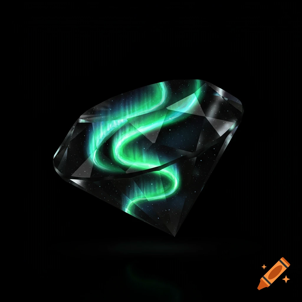 A faceted diamond shape filled with swirling green aurora and stars against a black background.