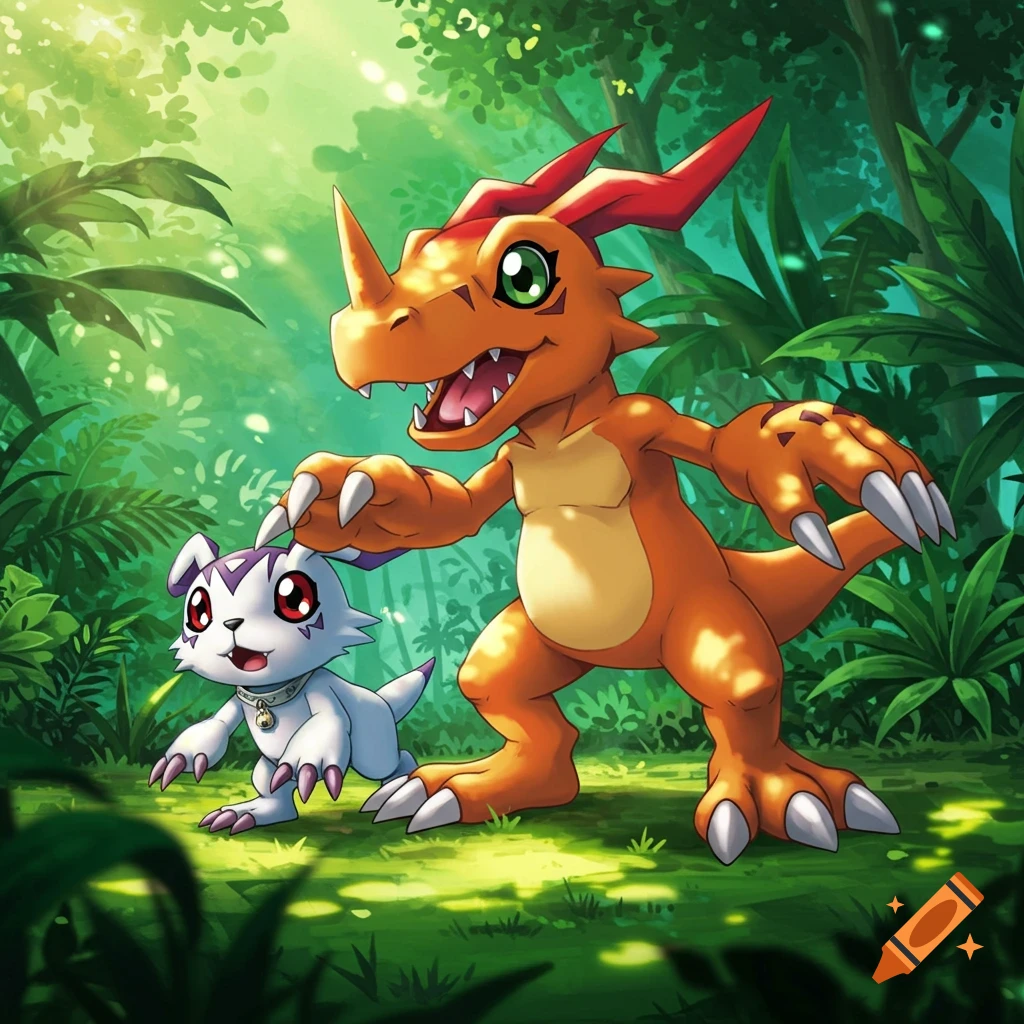 Agumon and Gazimon walk through a sunny forest clearing in an illustration style.