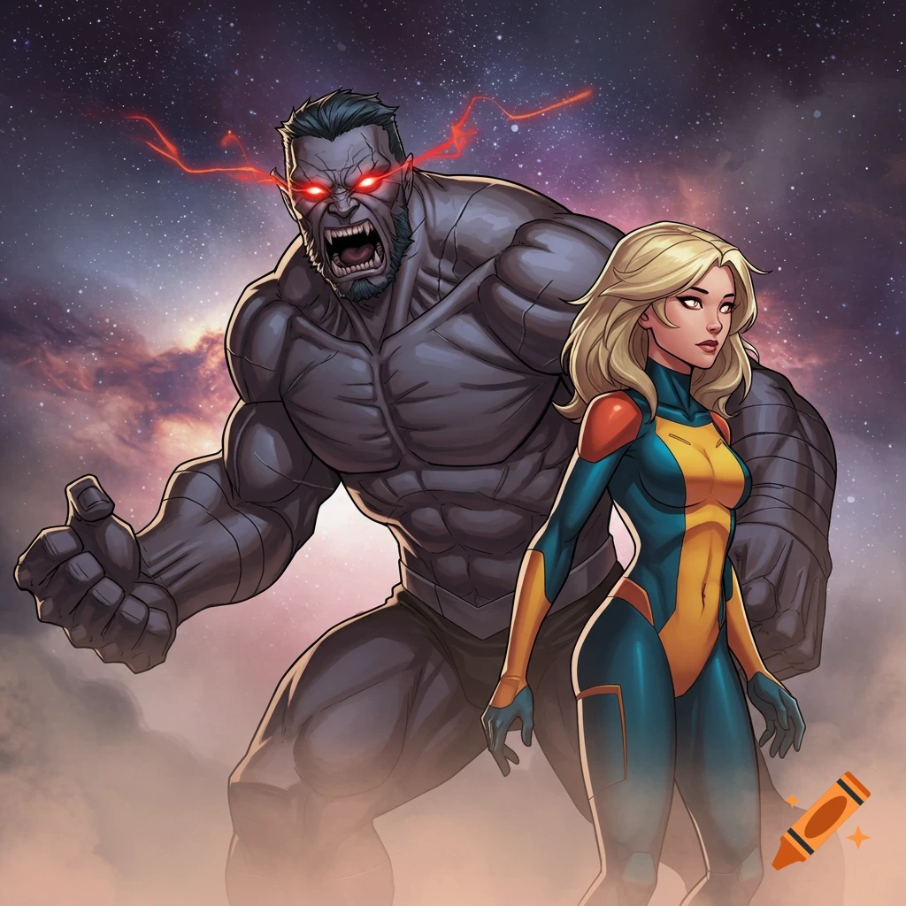 Comic art of a large grey muscular character with red eyes and a blonde female superhero in a blue and yellow suit against a cosmic background.
