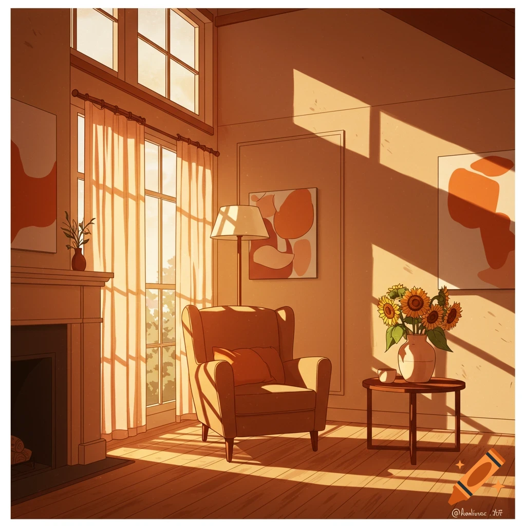 A sunlit room with an armchair, floor lamp, fireplace, and sunflowers in a vase.