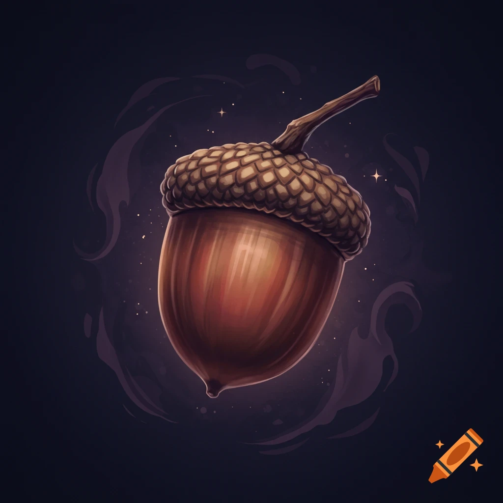 Illustration of an acorn floating in a dark, mysterious background with smoke and stars