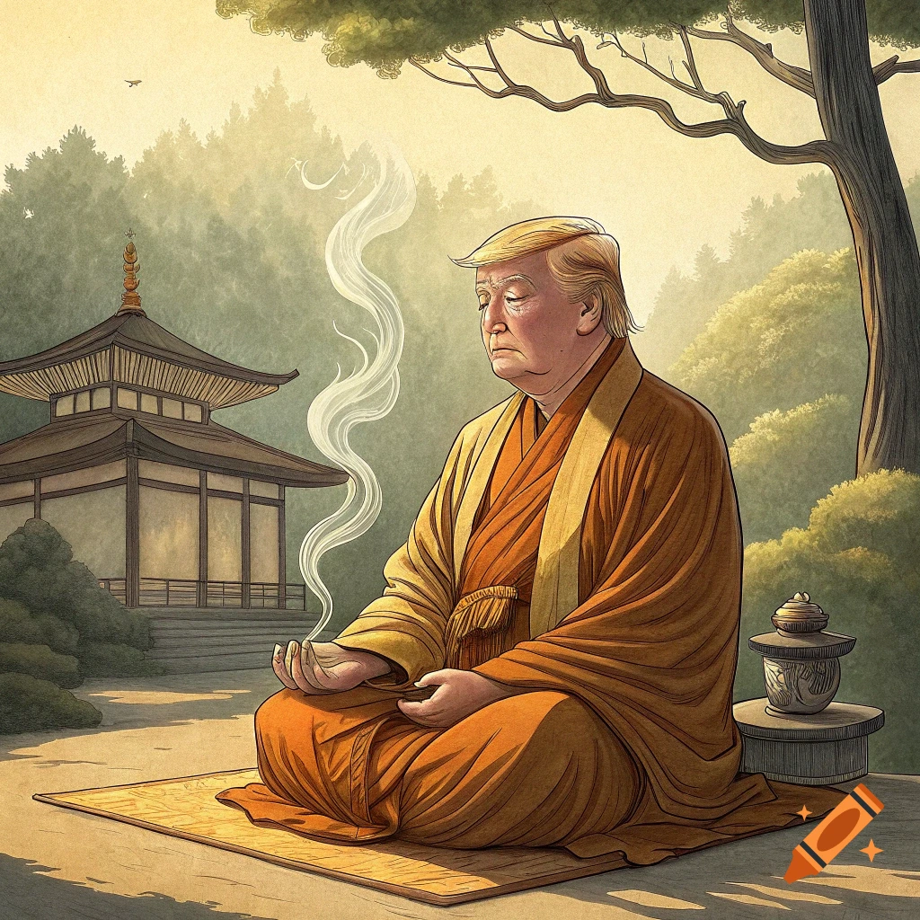 Illustration of Donald Trump dressed as a Buddha meditating outside a temple.