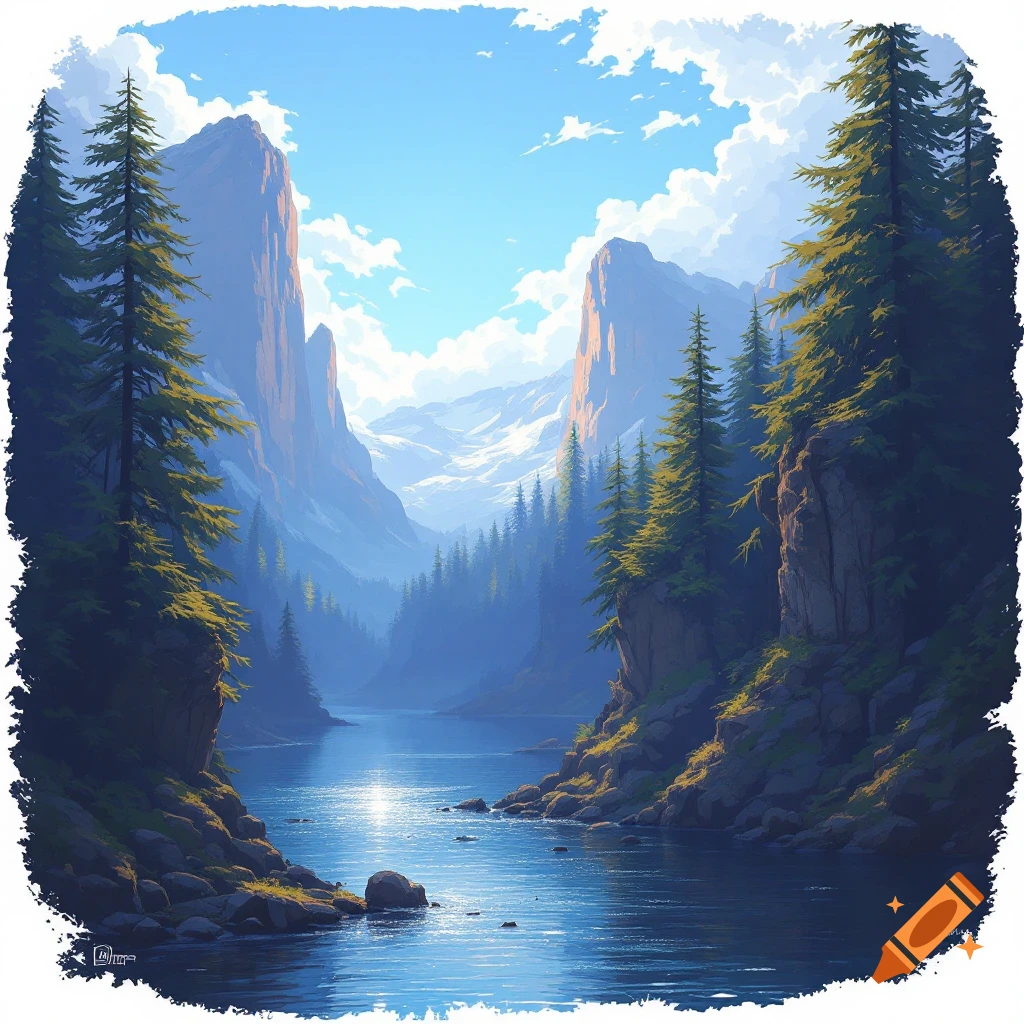 A bright, stylized landscape painting of a river flowing through a mountain valley with pine trees under a cloudy blue sky.