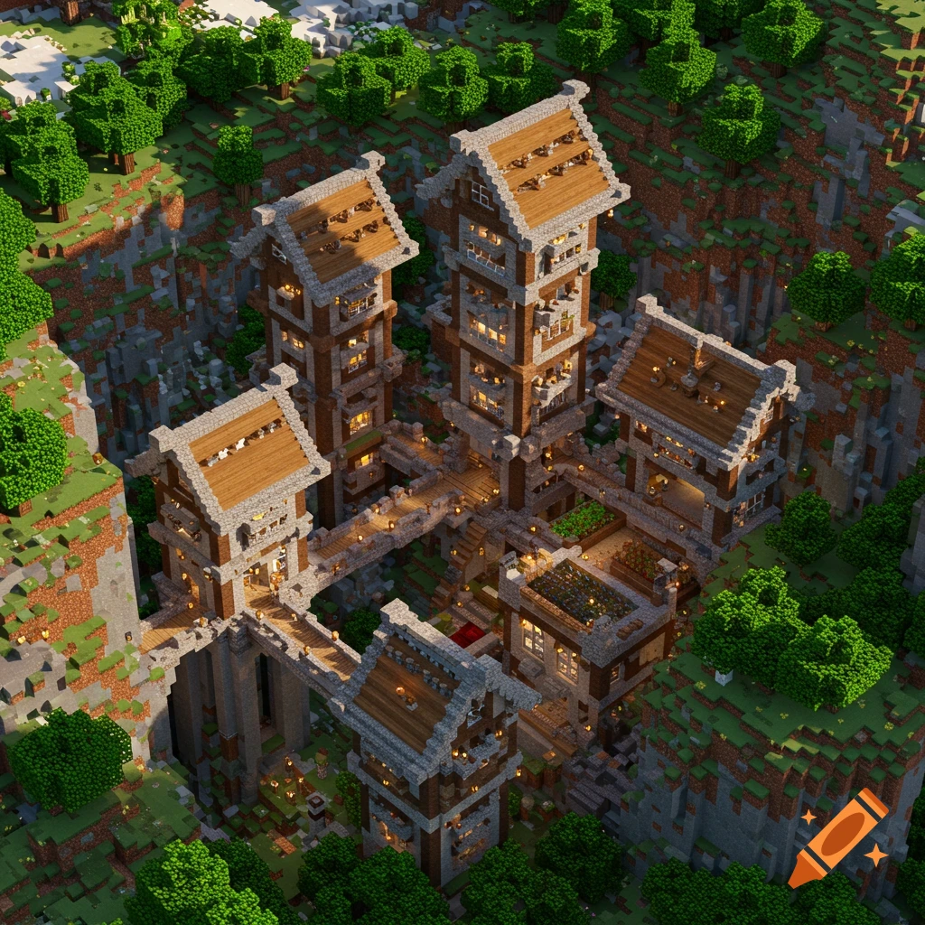 Detailed Minecraft build of interconnected towers and bridges in a cliffside forest.