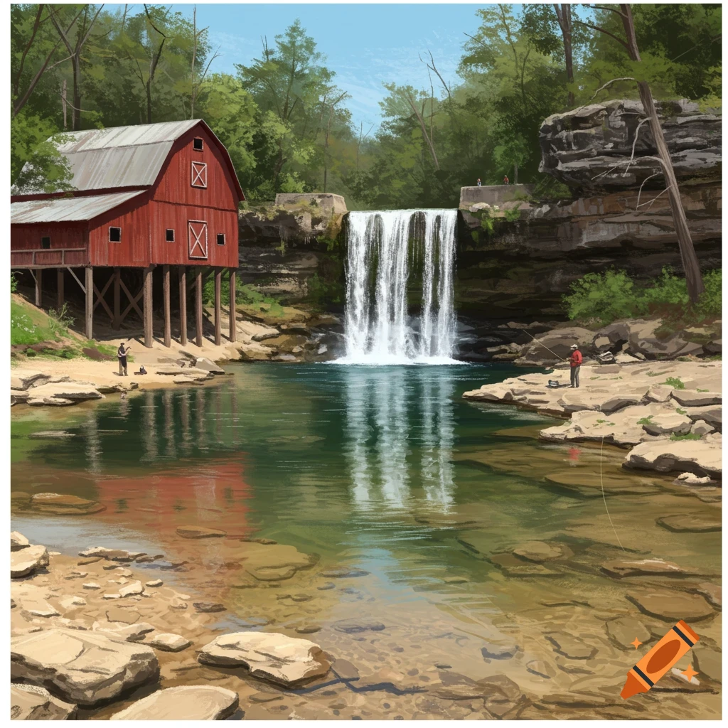 Painting of a red barn on stilts next to a waterfall and pool with fishermen. Rocky beach and trees surround the water.