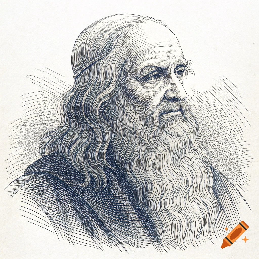 Hatched pen and ink drawing portrait of Leonardo da Vinci.