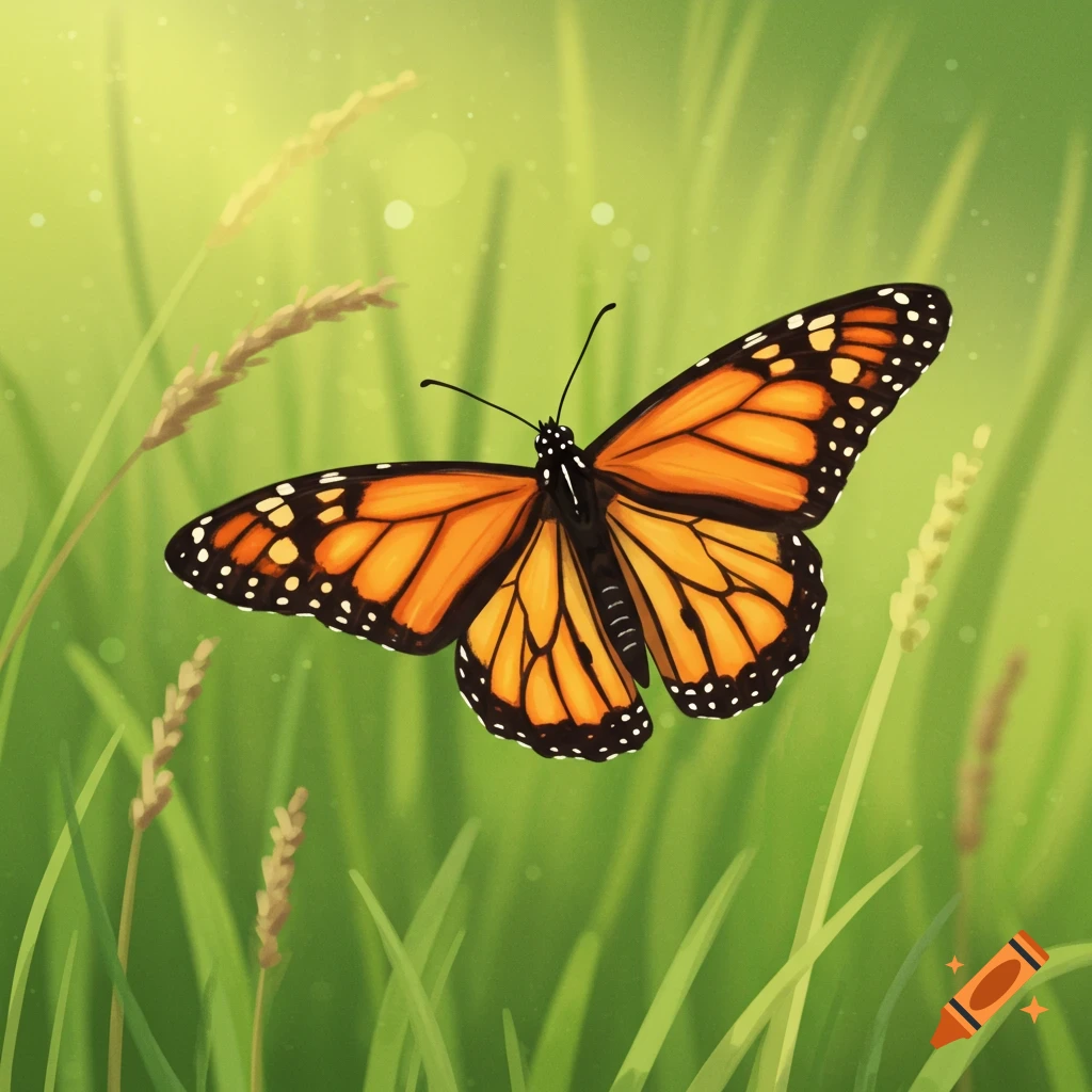 Illustration of a monarch butterfly flying in a field of green grass.