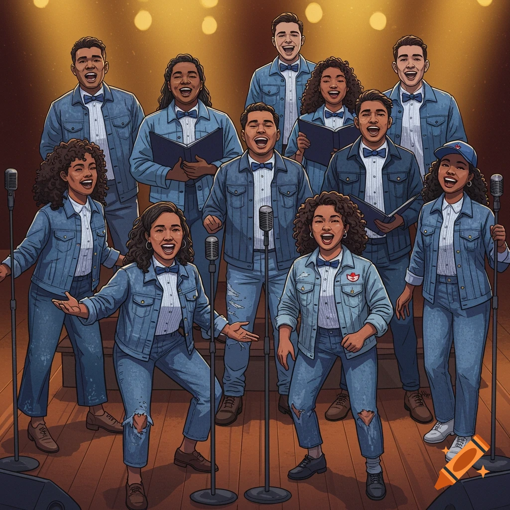A choral group performs on stage, wearing denim shirts and jeans, singing into microphones.