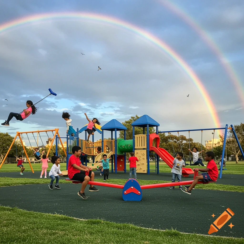Children playing on a playground with swings, slides, and a teeter-totter under a double rainbow.