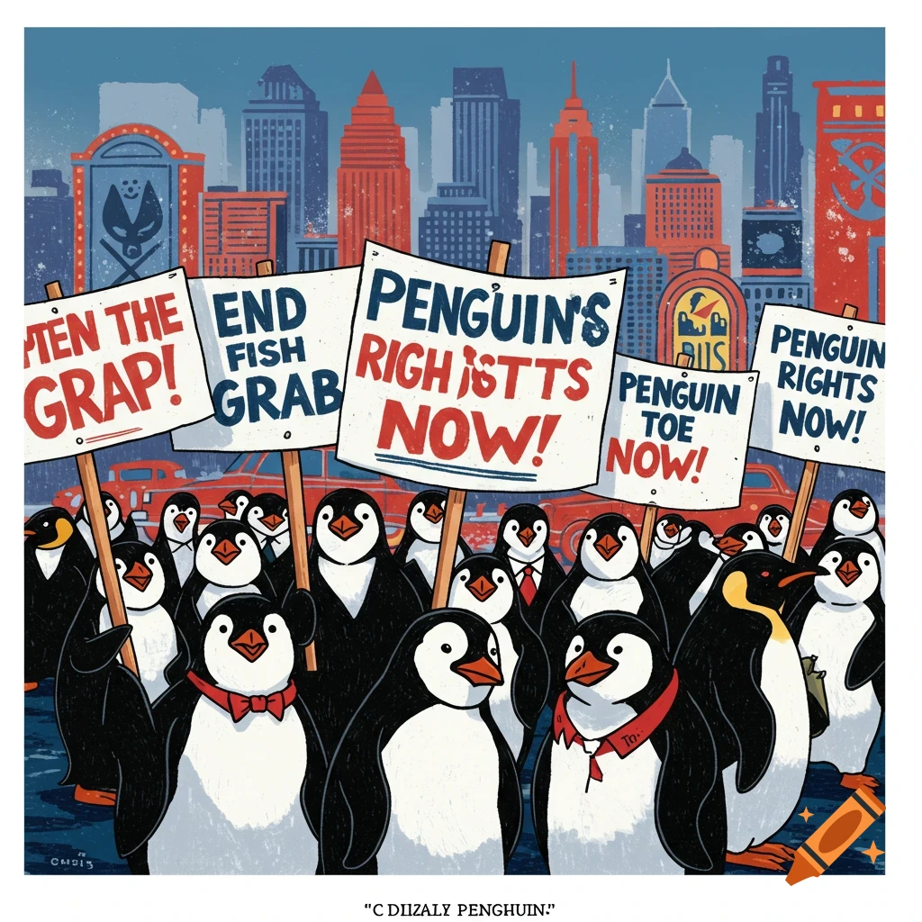 Illustration of penguins holding protest signs in a city.