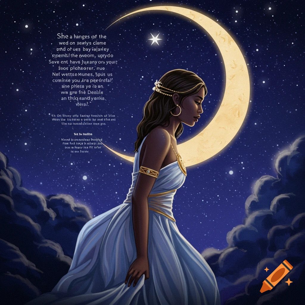 An illustrative image of a woman in a flowing dress standing before a large crescent moon and starry night sky.
