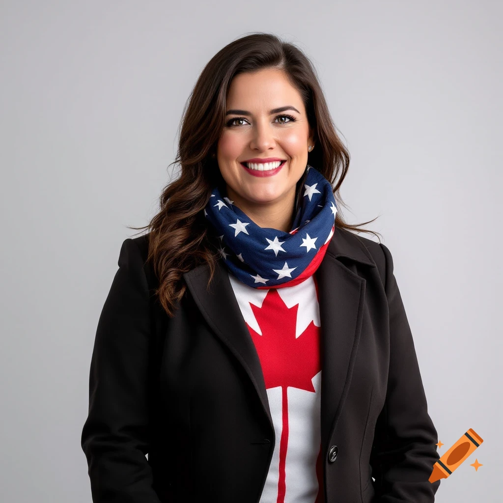 A smiling woman wearing a black jacket, a scarf with US flag stars, and a shirt with a Canadian maple leaf.