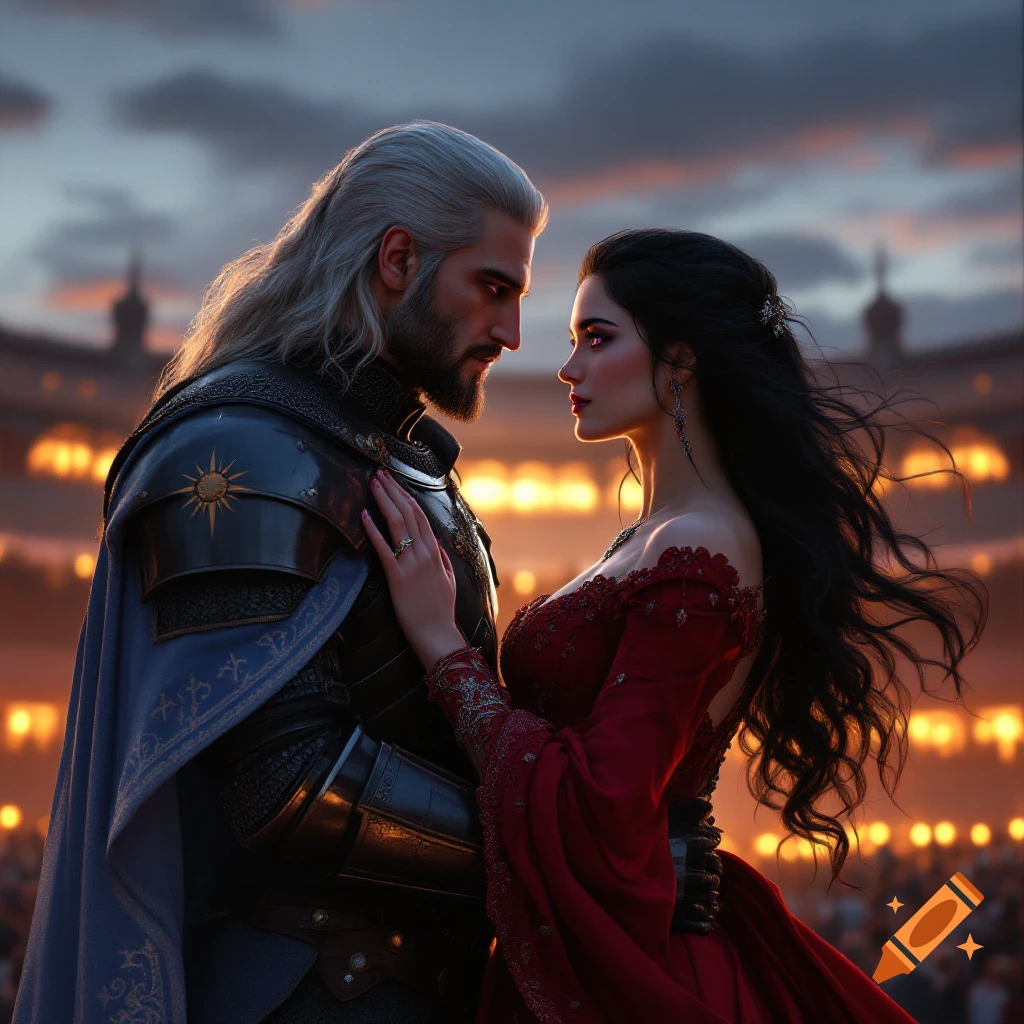 A man in armor and a woman in a red dress embrace passionately at sunset in front of a large building.