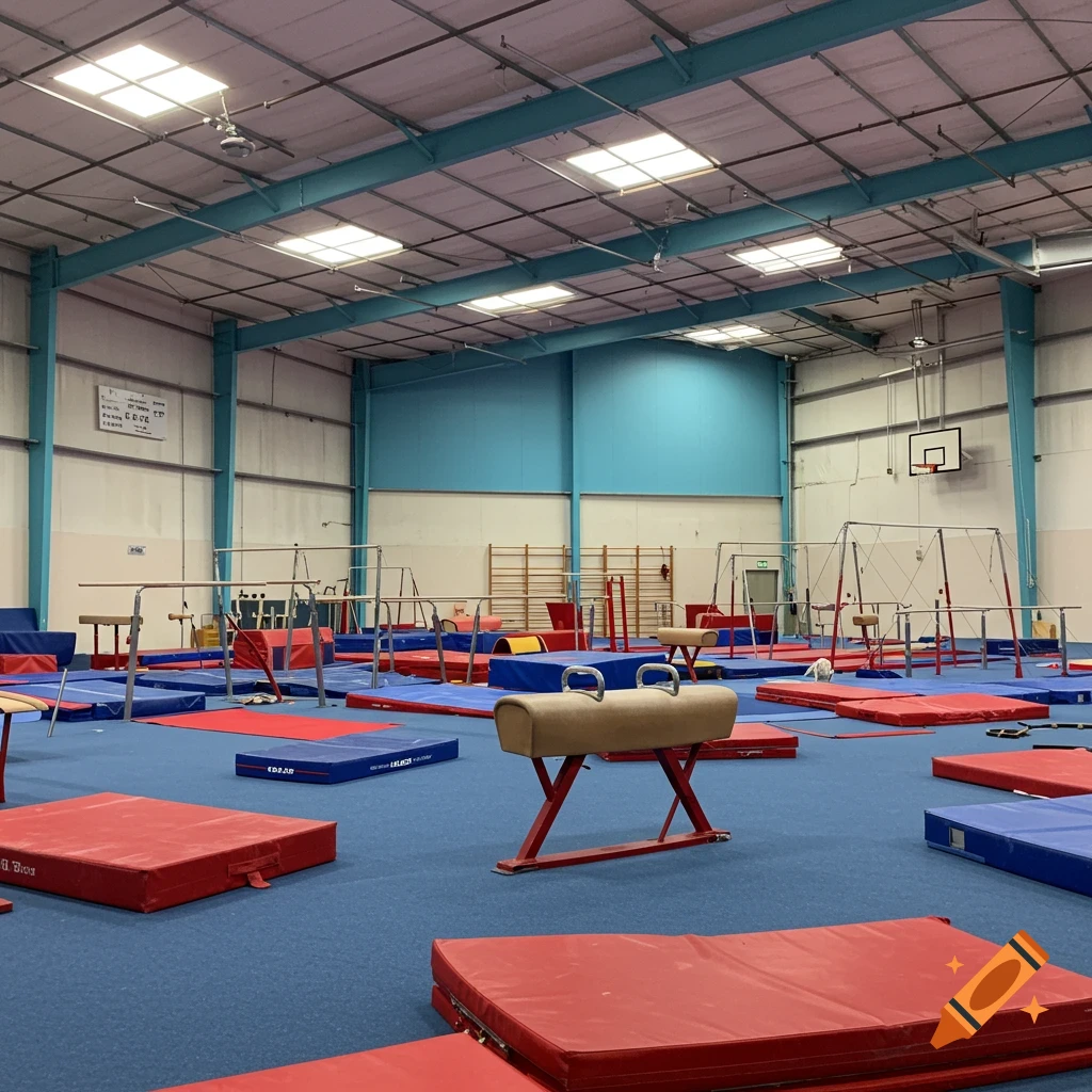 Indoor gymnastics gym with mats and equipment