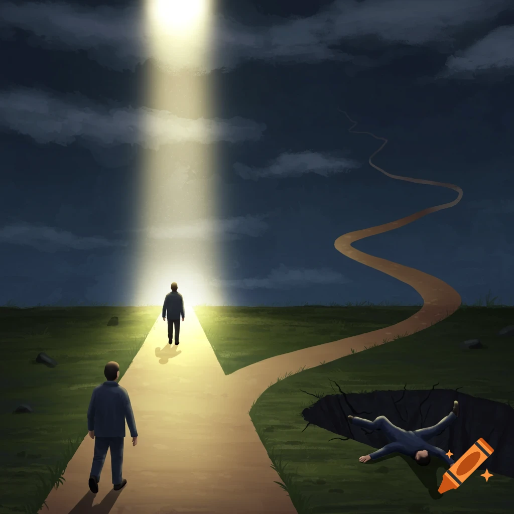 Two figures on diverging paths, one towards light, one falling into a pit. Stylized illustration.