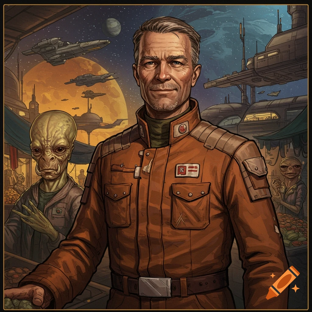 Illustration of a man and aliens in a sci-fi market with spaceships.