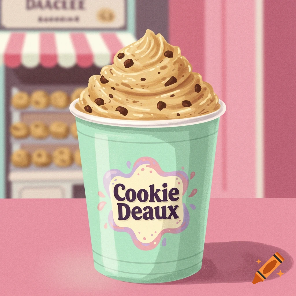 An illustration of a cup filled with cookie dough against a pink background with a bakery behind it.