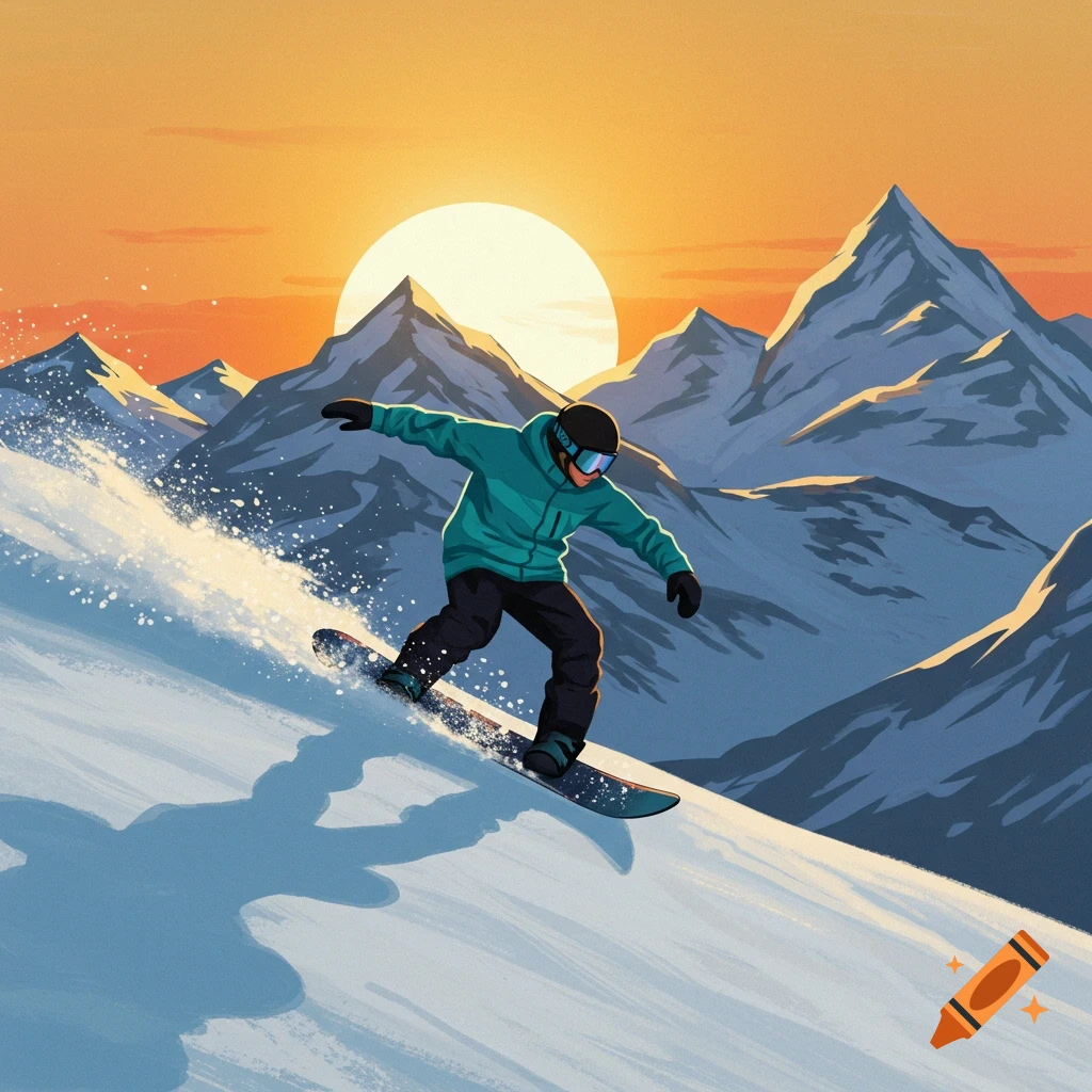 A snowboarder carves down a snowy mountain slope at sunset, with sharp peaks in the background.